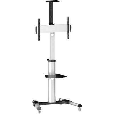 Mobile metal TV stand with wheels, height-adjustable and featuring two shelves. Suitable for conference rooms or exhibitions.