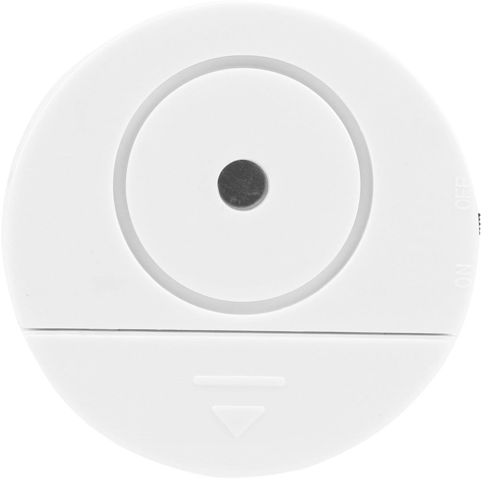 A round, white smoke detector with a central black dot. On/Off switch located on the side.