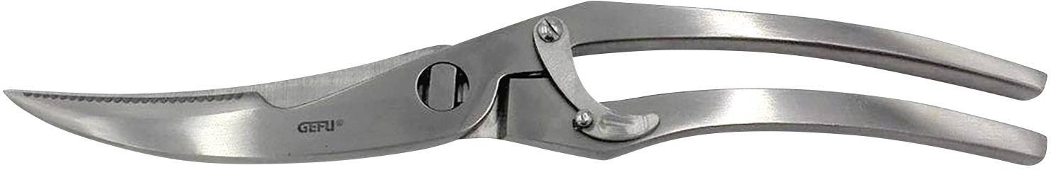 Stainless steel poultry shears with curved, serrated blade and lever mechanism for easy meat and bone cutting.