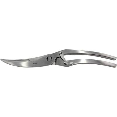 Stainless steel poultry shears with curved, serrated blade and lever mechanism for easy meat and bone cutting.