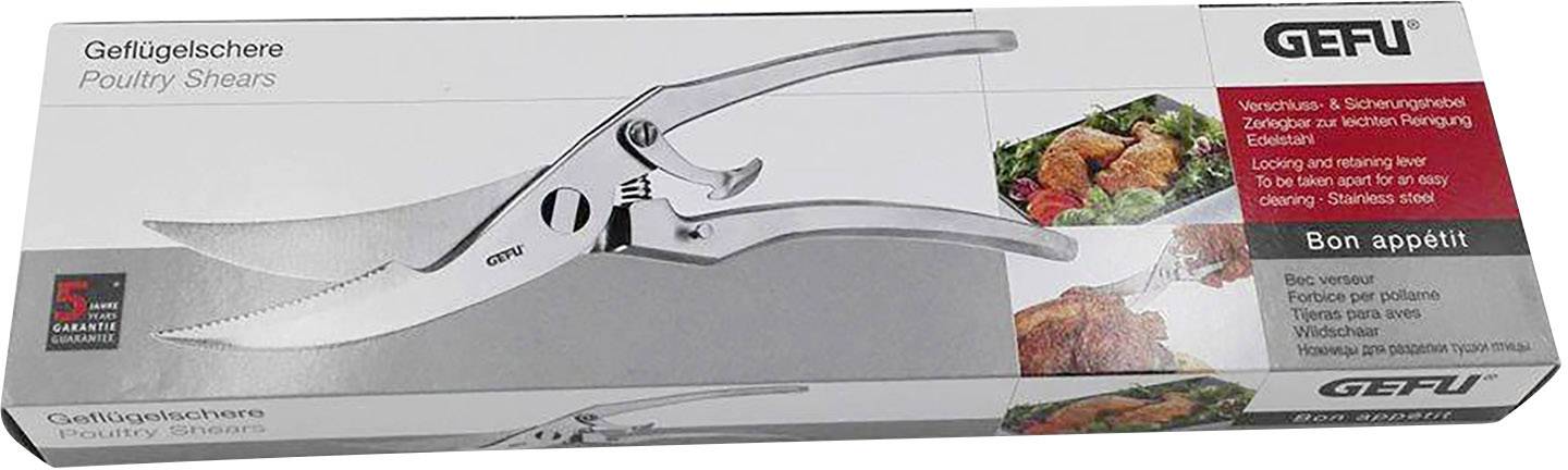 Packaging for a poultry shears by GEFU brand. Shows an image of the scissors and a chicken dish. Text: '5 Year Guarantee', 'Stainless Steel'.