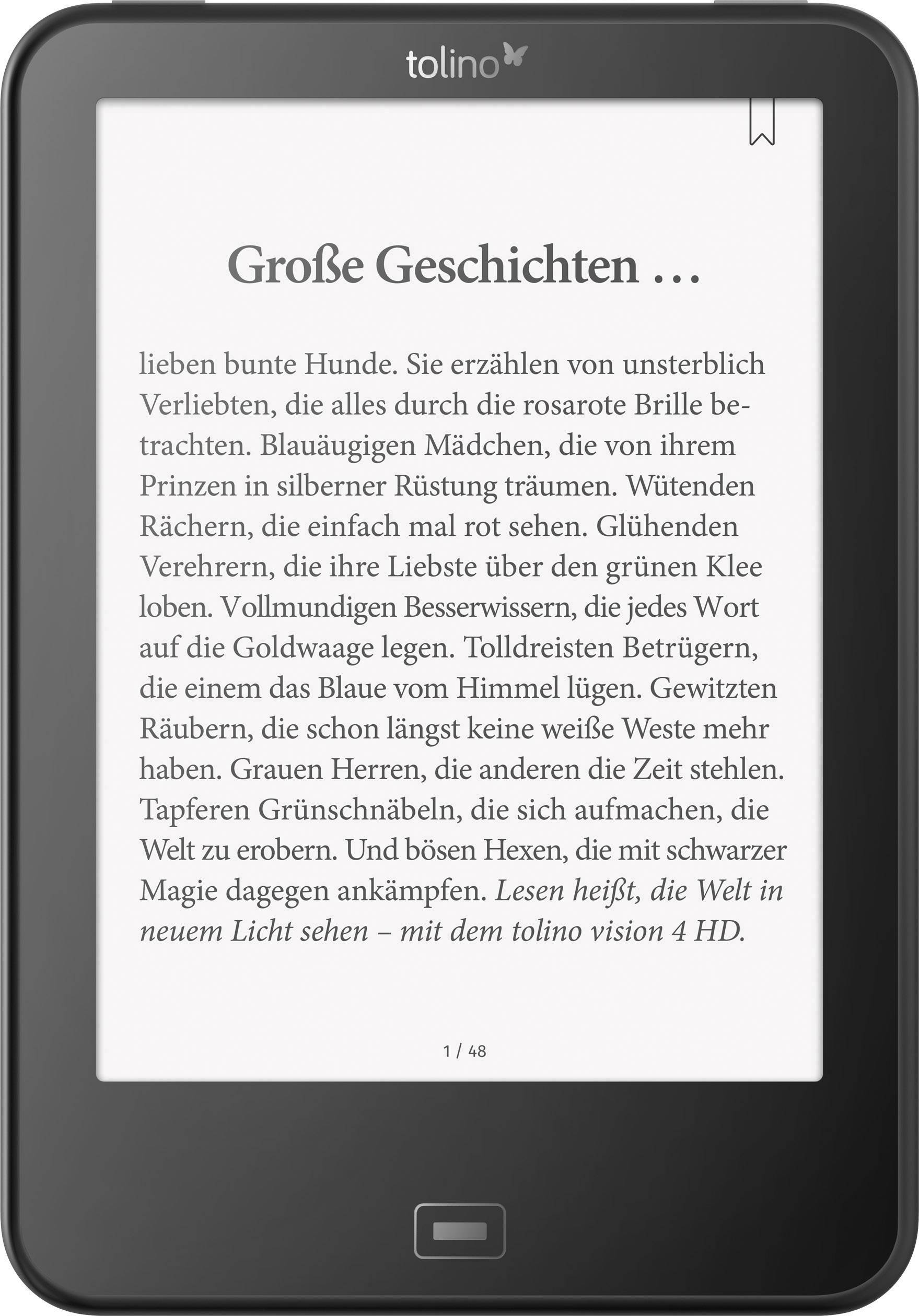 An e-book reader displays a book page with the title 'Great Stories'. Text about colourful dogs and people in love is visible.