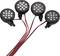 Four round LED lights, each with three cables running in two colours.