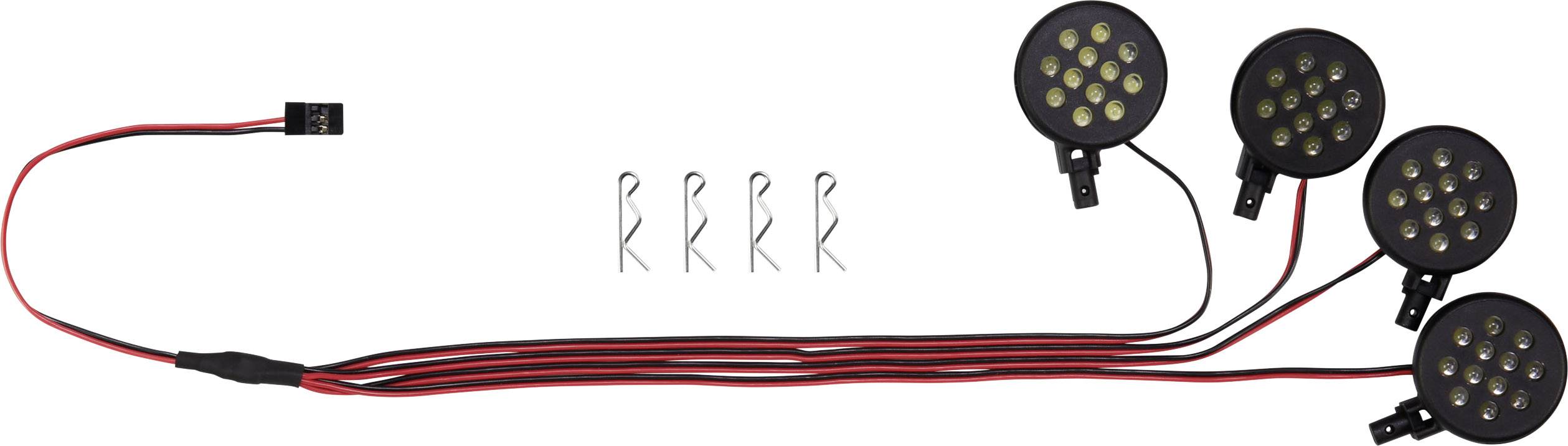 Five round LED lights connected by a cable, alongside five mounting brackets.