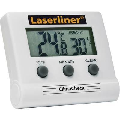 Electronic thermo-hygrometer showing 24°C and 30% humidity. Three buttons: temperature mode, max/min values, and clear.
