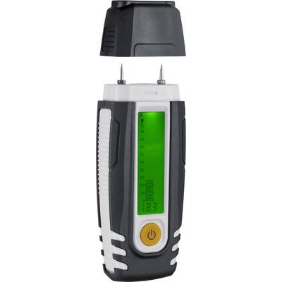 A digital moisture metre with a green display, two metal probes and an orange on/off switch on the front.