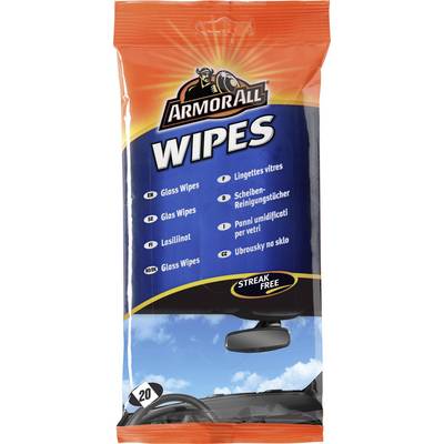 'Armor All Wipes' packaging containing 20 glass cleaning wipes, 'Streak Free', orange background, with an image of a car window.