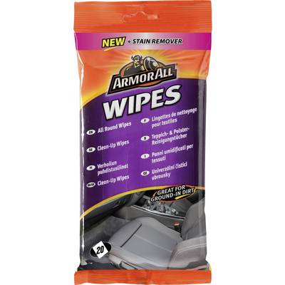 'Cleaning wipes for textiles, perfect for dirt and stains. Contains 20 pieces. Multilingual descriptions on the packaging.'