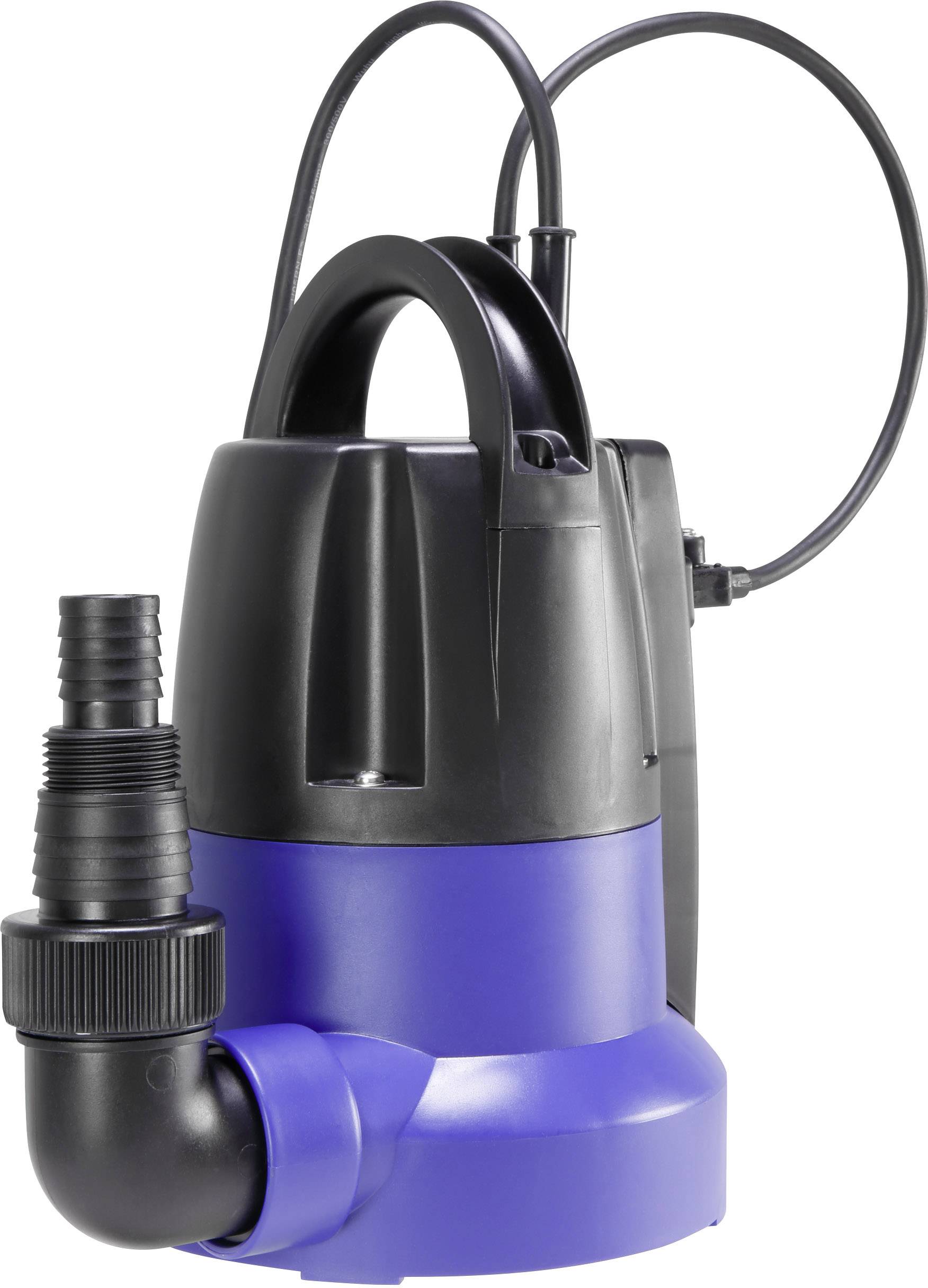 Compact blue and black submersible pump with attached hose. Suitable for water drainage in cellars or garden areas.