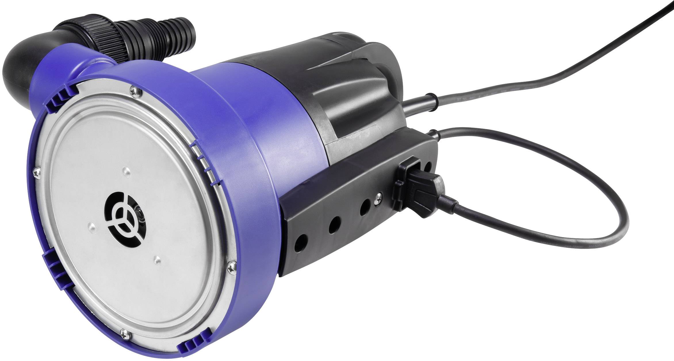 A black and blue water pump with cable and hose connection, positioned horizontally.