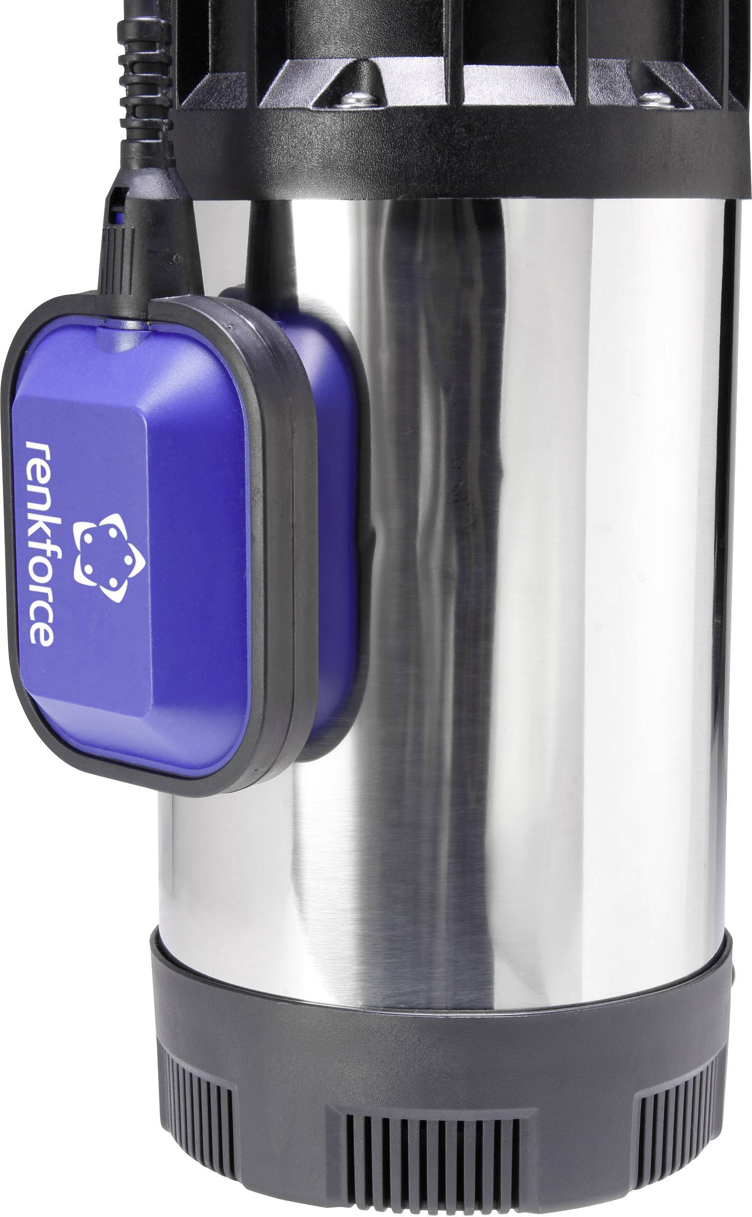 Silver and black submersible pump with blue, square float switch on the side.
