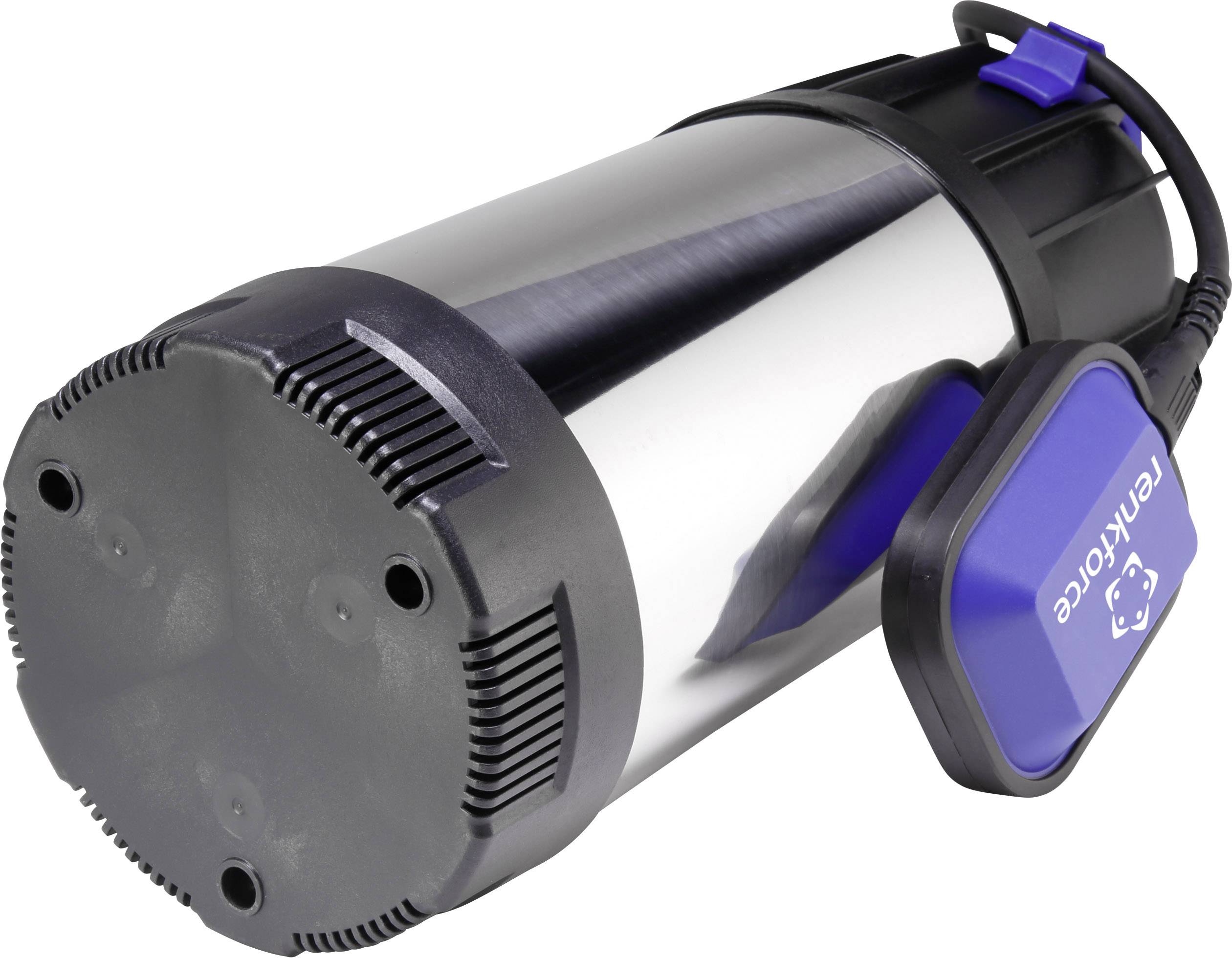 A black and silver submersible pump with cable and blue switch, suitable for water transfer in cisterns or wells.