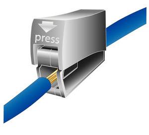 A network cable is inserted into a connector, with an arrow and the word 'press', indicating the need to apply pressure.