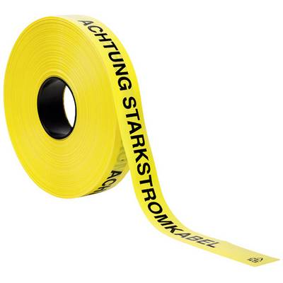 Yellow warning tape with the inscription 'Caution High Voltage Cable' in black text, rolled up and beginning to unroll.