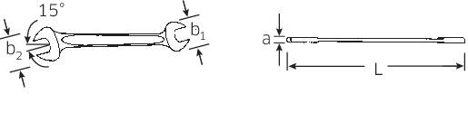 Two schematic representations of a key: on the left, a top view with angles of 15°, b1 and b2 marked, on the right, a side view with a and L marked.