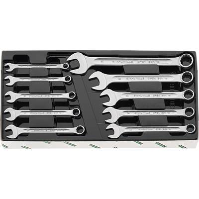 Set of nine silver spanners in various sizes, stored in a black case. Spanners arranged in rows.
