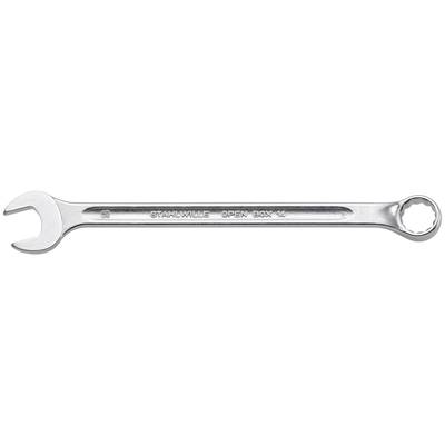 A silver spanner with both an open-end and ring-end, which can be used for various bolting tasks.