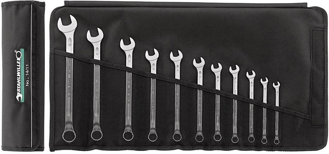 A set of twelve spanners in various sizes, neatly arranged in a black tool bag.