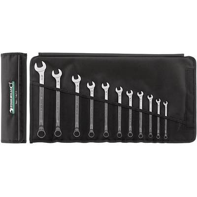 A set of twelve spanners in various sizes, neatly arranged in a black tool bag.