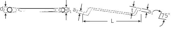 Technical drawing of an angle of 75 degrees, with various markings and length specifications.