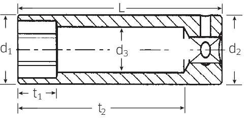 Technical drawing of a cylindrical component with two diameters (d1, d2) and two lengths (t1, t2), dimensioned and cross-hatched.