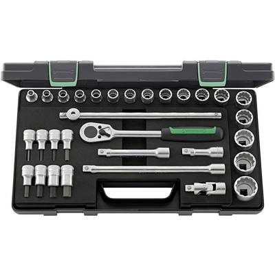 A tool set in a black case with various socket inserts, a ratchet and extensions, ideal for repairs.