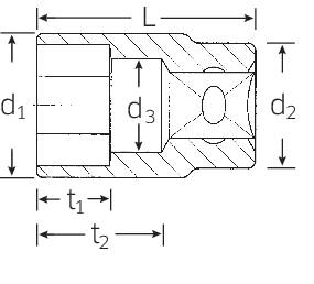 Technical drawing of a cylindrical bush with dimensions d1, d2 and d3. Arrows indicate the measuring directions and dimensions.