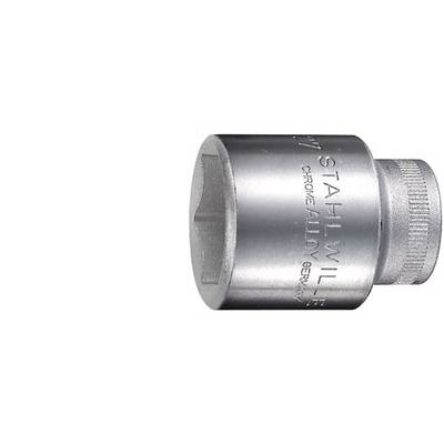 Silver-coloured socket with the inscription 'Stahlwille Chrome Alloy Germany'. Cylindrical in shape with a hexagonal opening for a spanner.