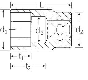 Technical drawing of a component with various diameters (d1, d2, d3) and length specifications (L), showing cross-section and dimensions.