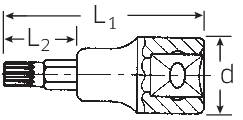 Technical drawing of a fastening element, showing lengths L1 and L2 and diameter d, illustrating dimensions and form.