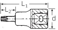 Drawing of a screwdriver bit with labels: Length L1, shorter length L2 and diameter d.