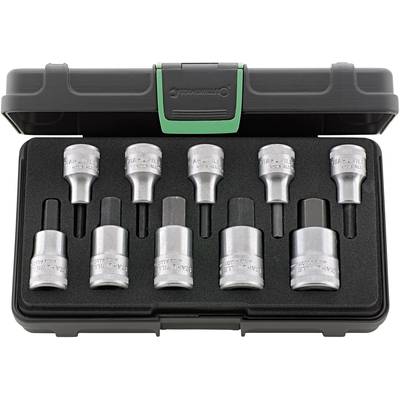 A socket wrench set with ten different attachments in a black storage box.