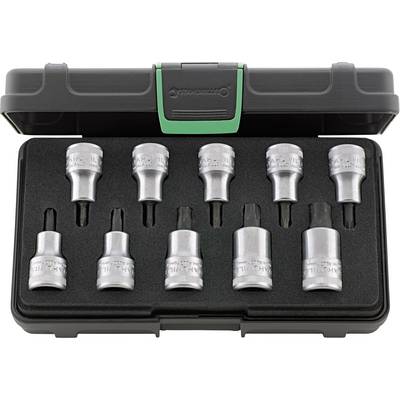 A set of ten silver screwdriver bits in various sizes in a black foam box.