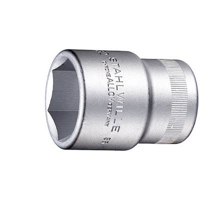 Metal socket spanner insert with 'STAHLWILLE, CHROME ALLOY' inscription. Hexagonal opening, used for screw work, silver in colour.
