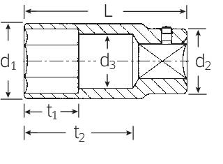 Technical drawing of a cylindrical component with diameters d1, d2, d3 and lengths t1, t2, L. Cross-sectional view.