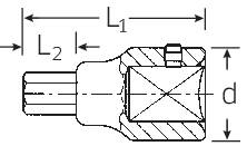 Technical drawing of a component with longitudinal and diameter dimensions marked as L1, L2 and d. Top view with cross-sectional view.