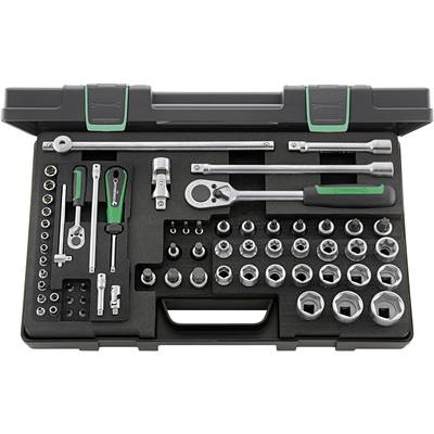 A socket wrench set with various sizes of sockets, ratchets and extensions, neatly arranged in a tool case.