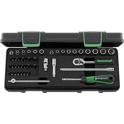 Tool case with socket wrench set: ratchet, screwdrivers, extensions and various socket sizes in foam insert.