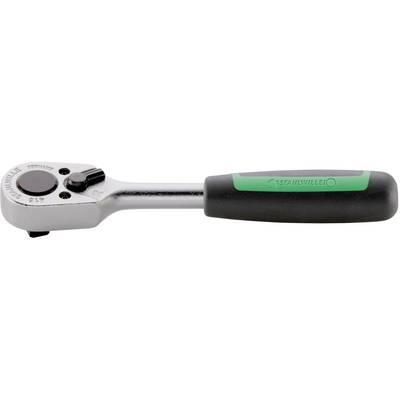 A metallic ratchet spanner with a black and green handle, suitable for various screw-related tasks.