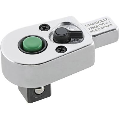 Metal ratchet head with green button and black lever, manufacturer inscription 'Stahlwille 735QR/10 Made in Germany'.