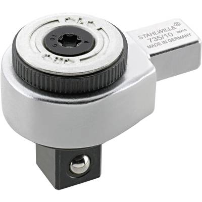 A chrome-plated ratchet head with the marking 'STAHLWILLE 735/10', manufactured in Germany, with a square drive.