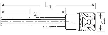 Technical drawing of a pen with dimensions L1, L2, and d, indicating various measurements. Main body on the right, tip on the left.