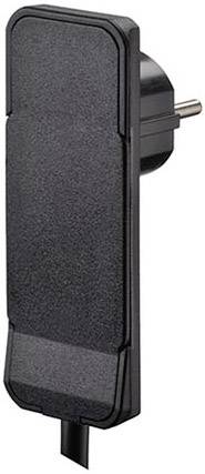 A black adaptor plug, positioned vertically, with an EU plug and a cable connection at the bottom. Suitable for electrical devices.