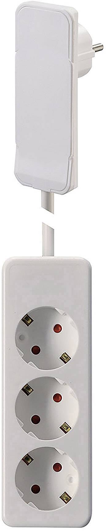 'Three-socket extension lead with connected plug, positioned vertically, suitable for powering multiple devices.'