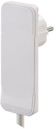 A white, rectangular socket child safety cover with EU plug to secure electrical sockets from unintended access.