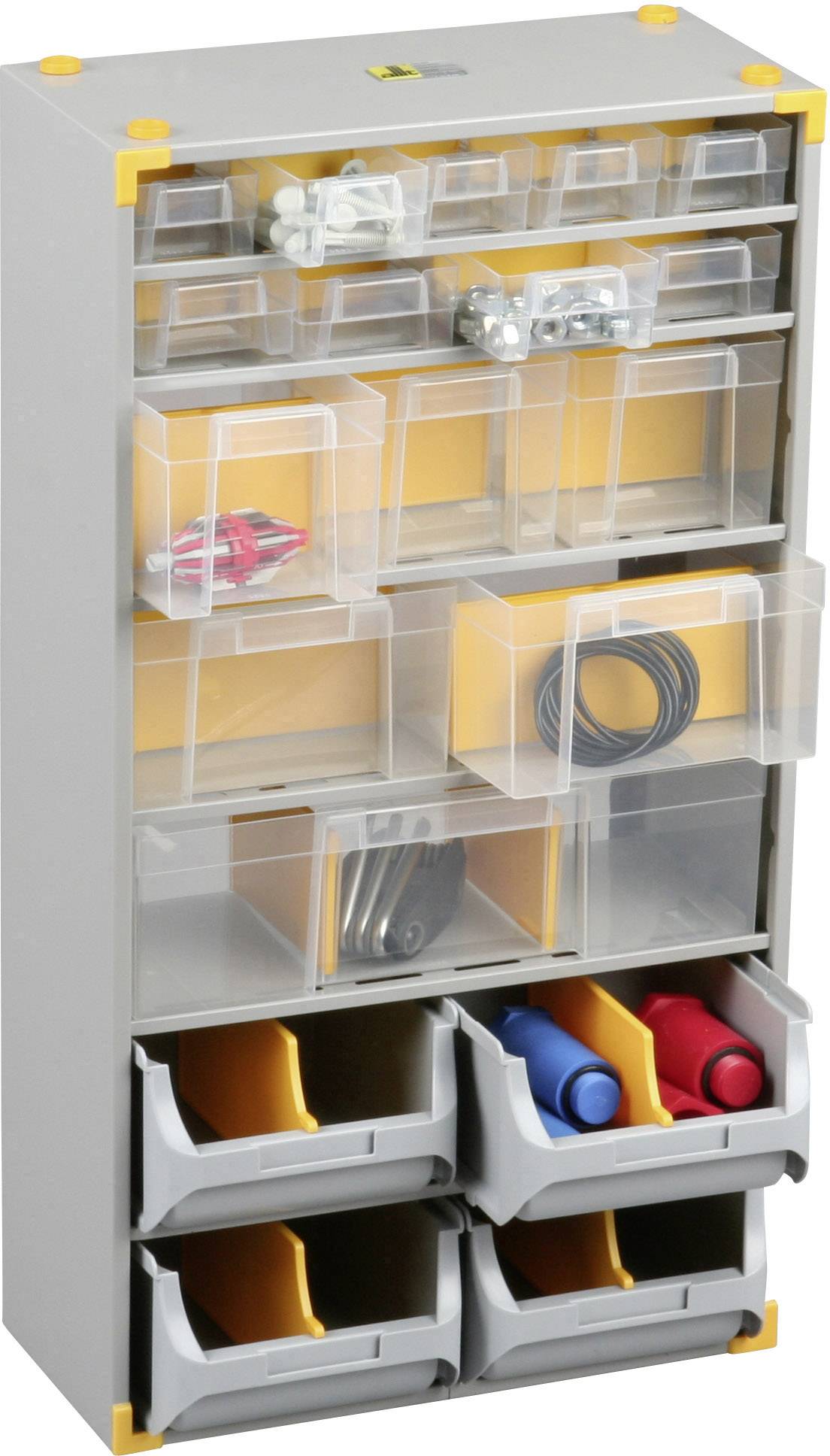 Metal cabinet with several transparent drawers, filled with small individual components such as screws, wires, and seals.