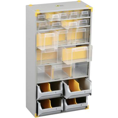 A grey and yellow storage system with multiple transparent drawers for small items, perfect for workshops and garages.