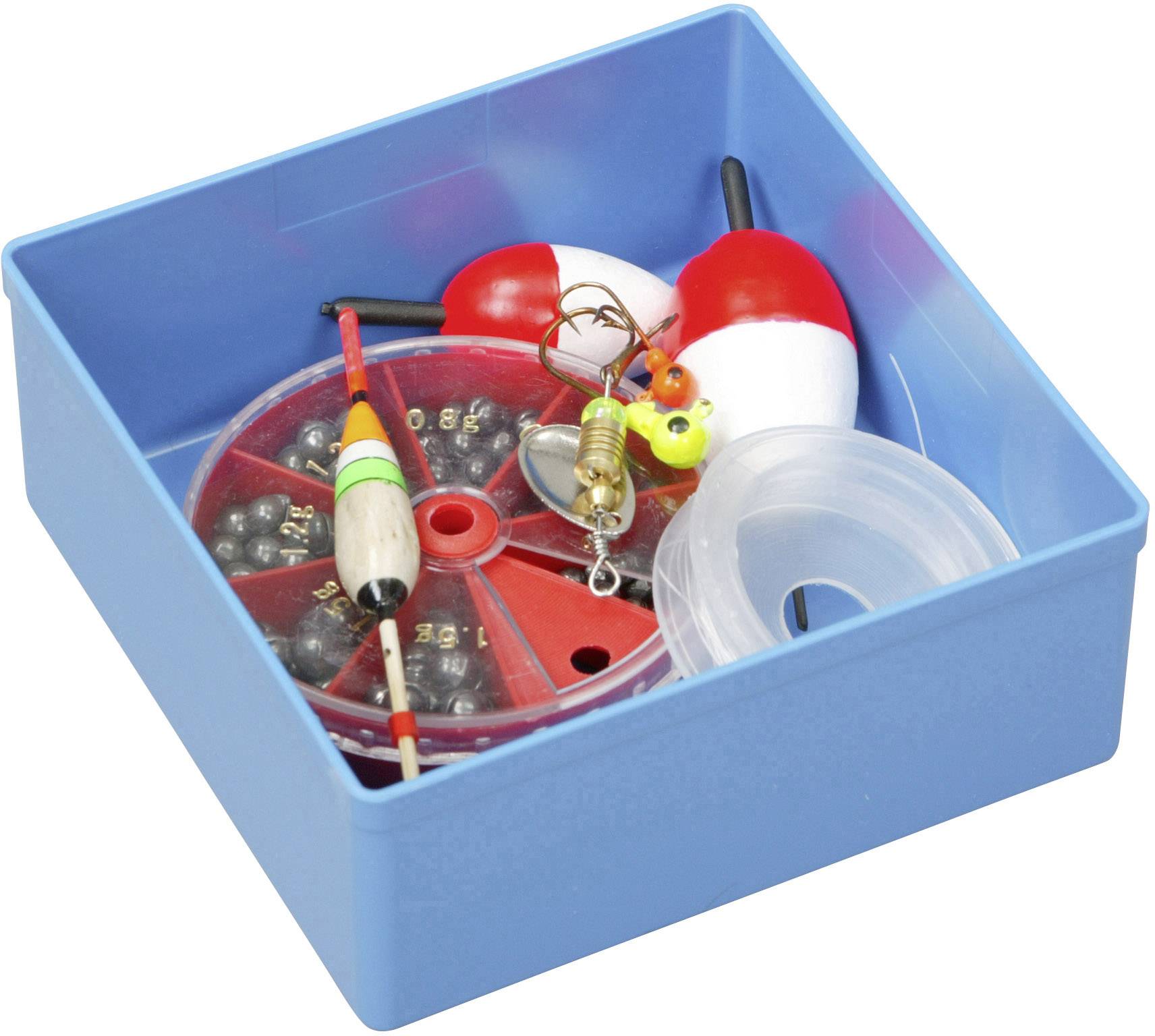 A blue container with fishing accessories: floats, lead weights, and hooks.