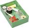 Sewing box with cotton reels, pins, tape measure, safety pins, and a seam ripper.