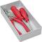 Tool set with a red handle: two screwdrivers and a pair of pliers, arranged in a grey plastic box.